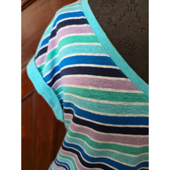 Talbots Petite V-Neck Striped Short Sleeve Top M Linen Blend Blue & Purple - Picture 2 of 7